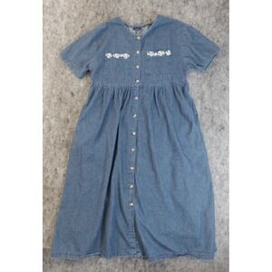 Naqui Denim Dress Womens Large Blue Button Front Maxi Modesty Embroidered Floral